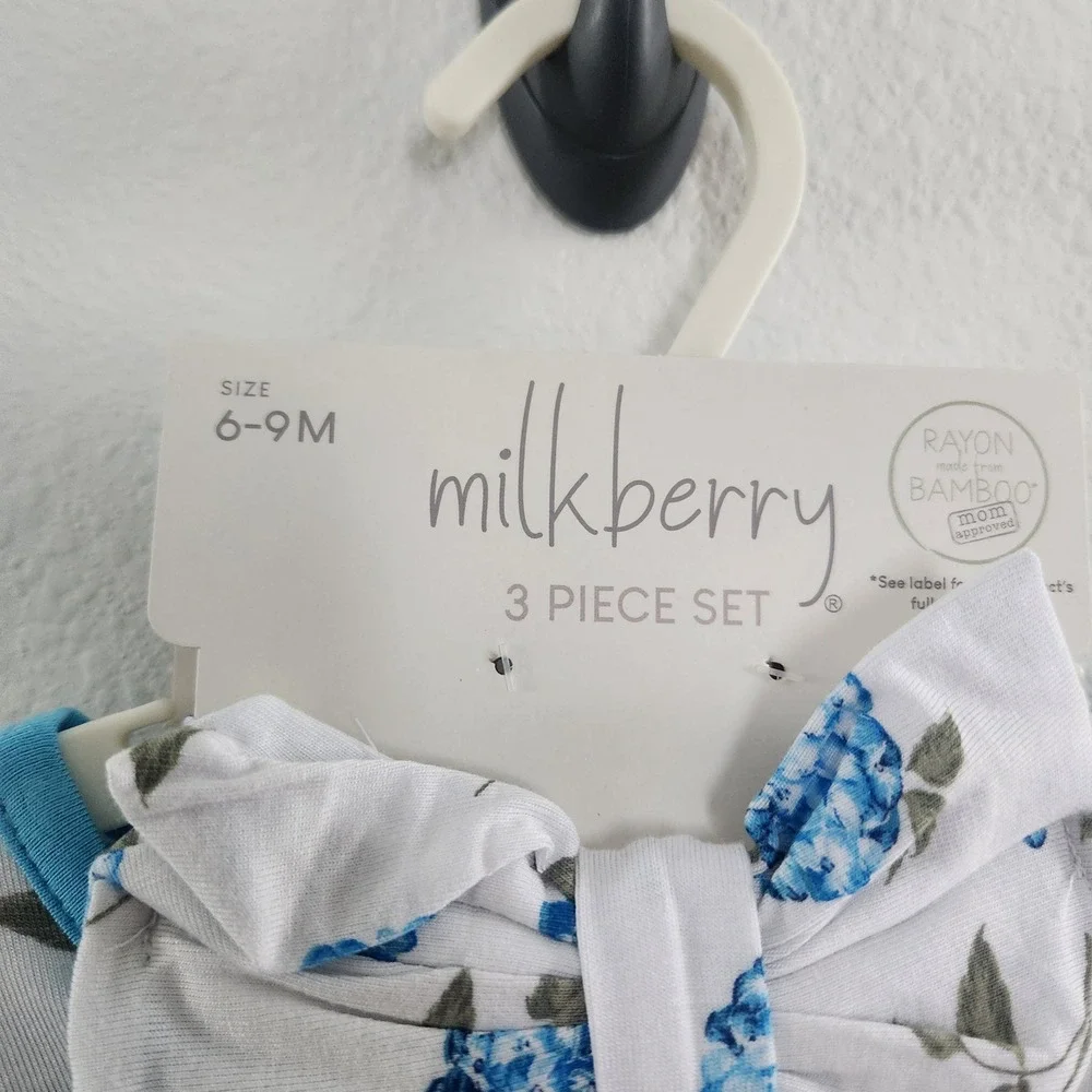 Milkberry Baby Girls 6-9M Blue Hydrangea Bamboo 3 Piece Bodysuit Legging Set NWT